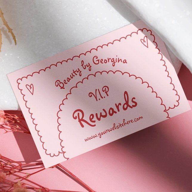 Tarjeta De Fidelización Mano Rosa Retro Girly Rojo Dibujó Boho capricho (girly pink and red whimsical style business loyalty cards)