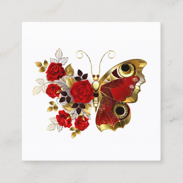 Tarjeta De Fidelización Mariposa de flor roja con rosas rojas (Anverso)