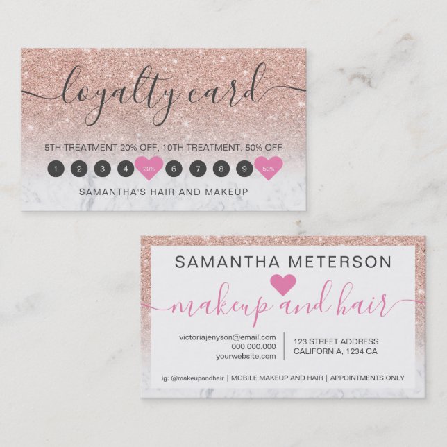Tarjeta De Fidelización mármol de maquillaje de escritura oscura purpurina (Anverso / Reverso)