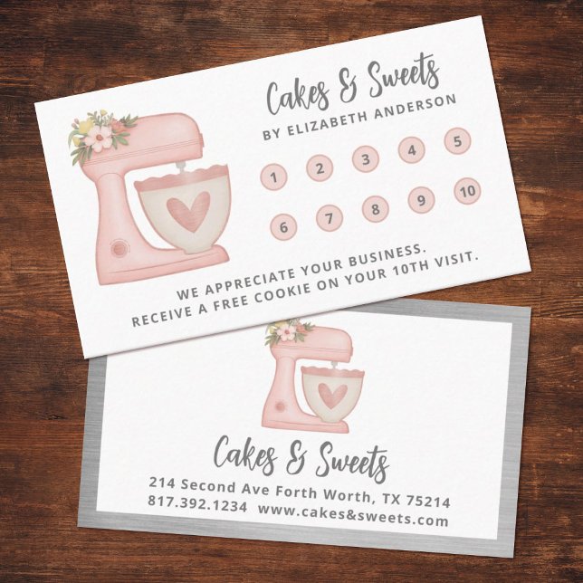 Tarjeta De Fidelización Mezclador simple Floral Cake Bakery Business (cute pink mixer loyalty punch card. Personalize it for your business.)