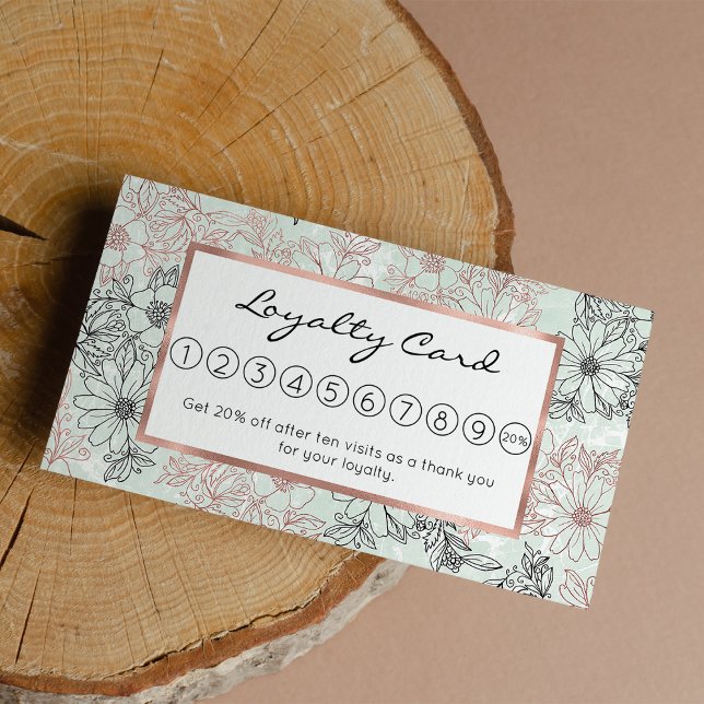 Tarjeta De Fidelización Mint Moderno Rosa Negro Oro Mármol Floral (Modern Mint Black Rose Gold Floral Marble Loyalty)