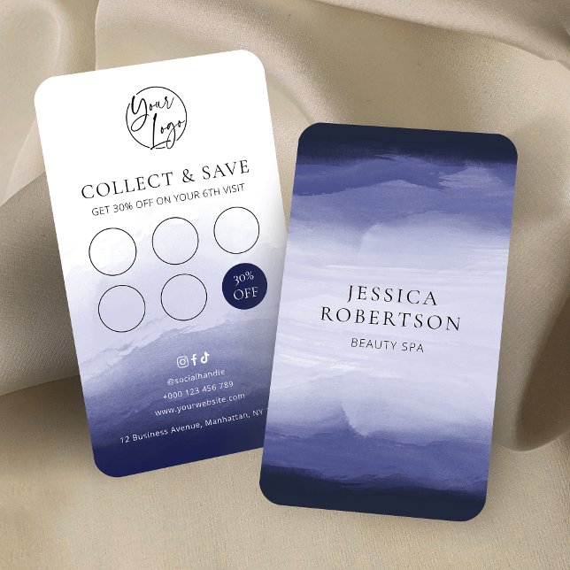 Tarjeta De Fidelización Moda azul marino Salón de belleza Nails Spa (Elegant navy blue watercolor business loyalty cards with 6 stamp slots: add more in the editing tool)