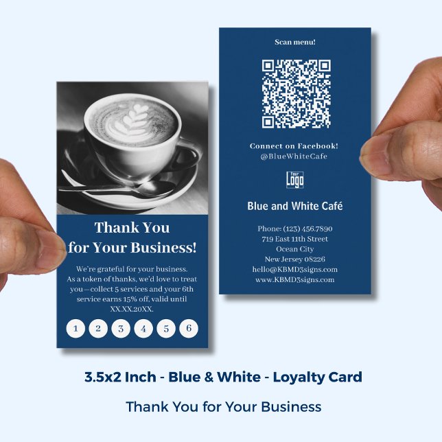Tarjeta De Fidelización Modern Blue & White Cafe with Logo Thank You Punch (Modern Blue & White Cafe with Logo Thank You Punch Loyalty Card; Size: 3.5x2 Inch, Portrait Format)