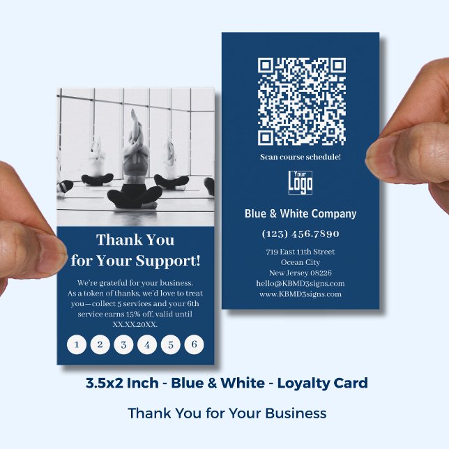 Tarjeta De Fidelización Modern Blue & White with Logo Thank You Punch (Modern Blue & White with Logo Thank You Punch Loyalty Card; Standard US Size 3.5x2 Inch)