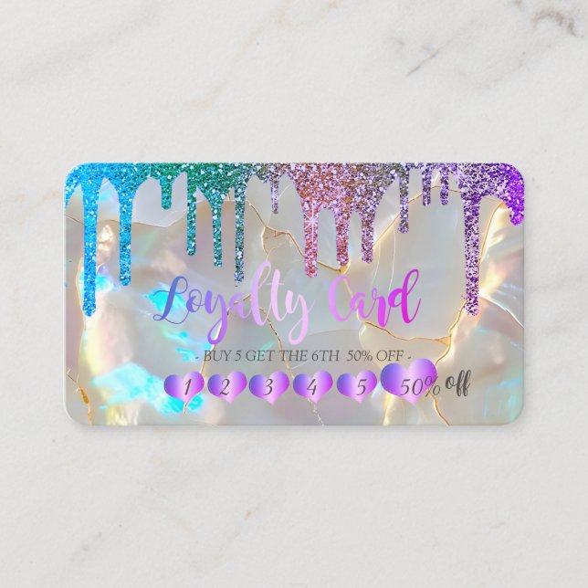 Tarjeta De Fidelización Modern Hearts Rainbow Glitter Drips Opal Stone (Anverso)