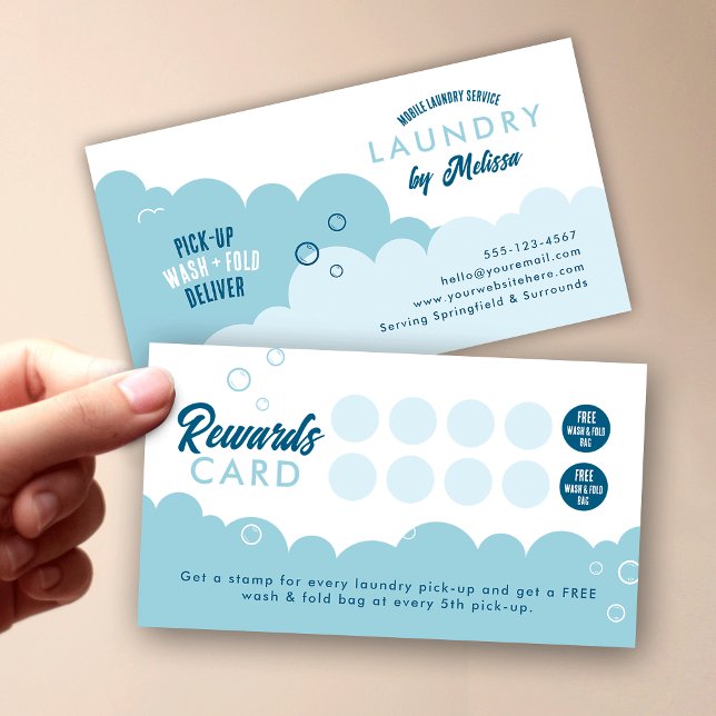 Tarjeta De Fidelización Modern Pick-Up Laundry Service Blue & White (Modern laundromat rewards cards in blue and white)