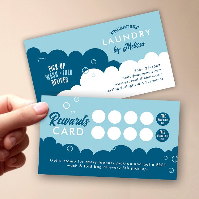 Tarjeta De Fidelización Modern Pick-Up Laundry Service Blue & White (Modern laundromat customer loyalty cards in blue and white)