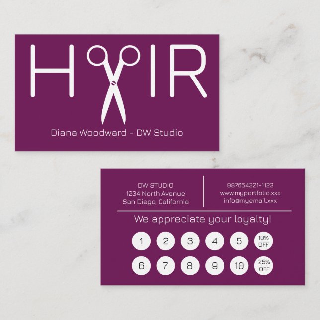 Tarjeta De Fidelización Modern Plum Hairdresser Flat Loyalty Card (Anverso / Reverso)