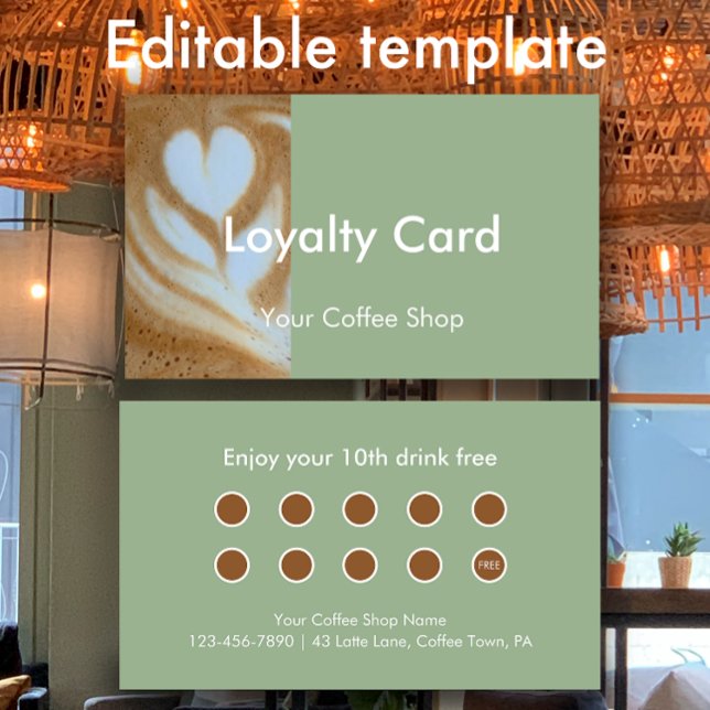 Tarjeta De Fidelización Modern Sage Custom Photo Coffee House Customer (Modern sage green custom loyalty card. Personalize the editable text.
)