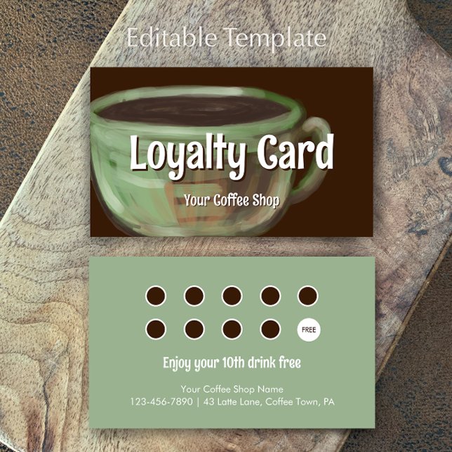 Tarjeta De Fidelización Modern Sage Unique Art Coffee Shop Rewards (Customize this unique modern art coffee shop customer loyalty cards. An editable sage rewards card.
)