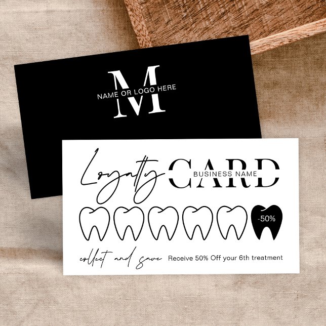 Tarjeta De Fidelización Moderno logotipo blanco ortodoncista (Minimalist loyalty card design for dentist or orthodontist in a modern black and white design)