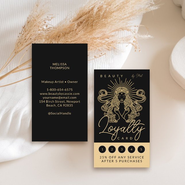 Tarjeta De Fidelización Mystic Tarot Makeup Hair Nails Monograma Oro Negro (tarot loyalty card goddess beauty makeup hair nails lashes stylist beautician beauty wellness yoga)