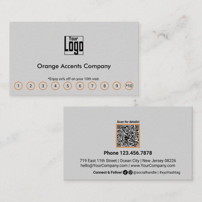 Tarjeta De Fidelización Naranja de moda Accents Logo Social Media QR Code (Anverso / Reverso)