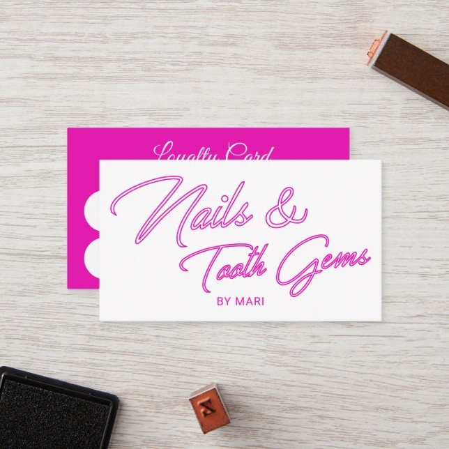 Tarjeta De Fidelización Neon Pink Salon Loyalty Puntaje de uñas y dientes (Anverso/Reverso In Situ)