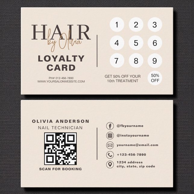 Tarjeta De Fidelización Neutral Beige QR Code Hair Salon Loyalty Card (Subido por el creador)