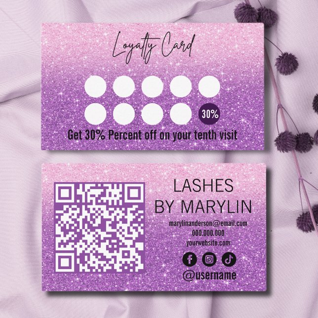 Tarjeta De Fidelización Ombre Lash Tech Purpurina rosa morado y pasto (Subido por el creador)