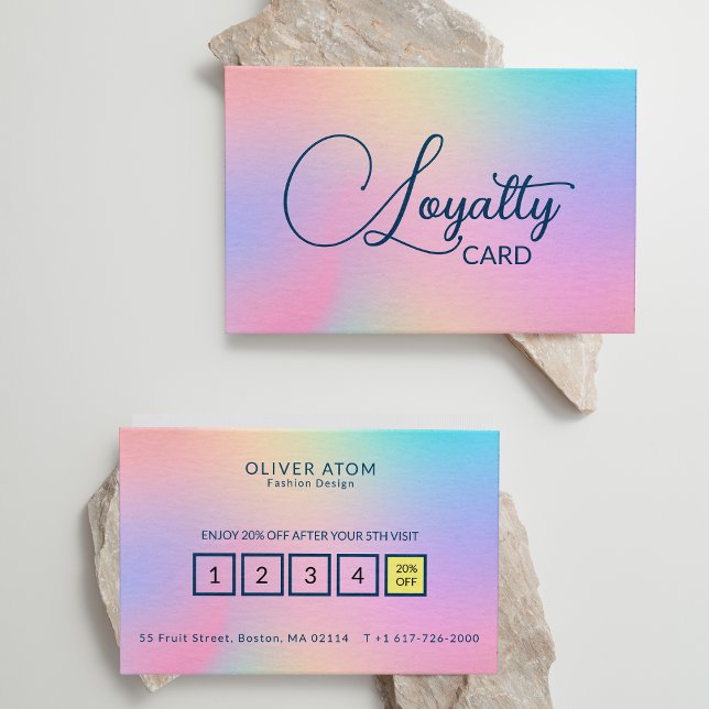 Tarjeta De Fidelización Pastel Holográfico Elegante almacén de ropa de esc (Pastel Holographic Elegant Script Clothing Store Loyalty Card)