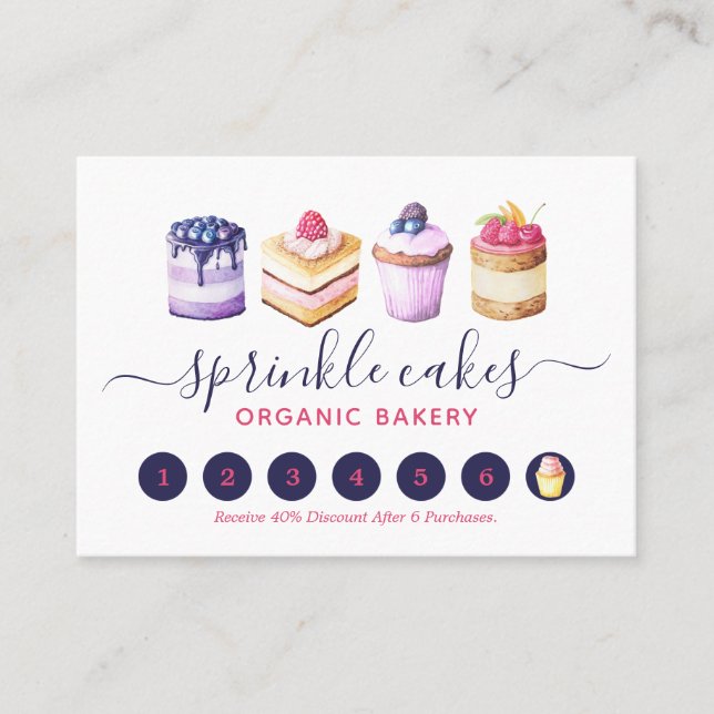 Tarjeta De Fidelización Pasteles De Personalizado De Acuarela Y Panadería  (Anverso)