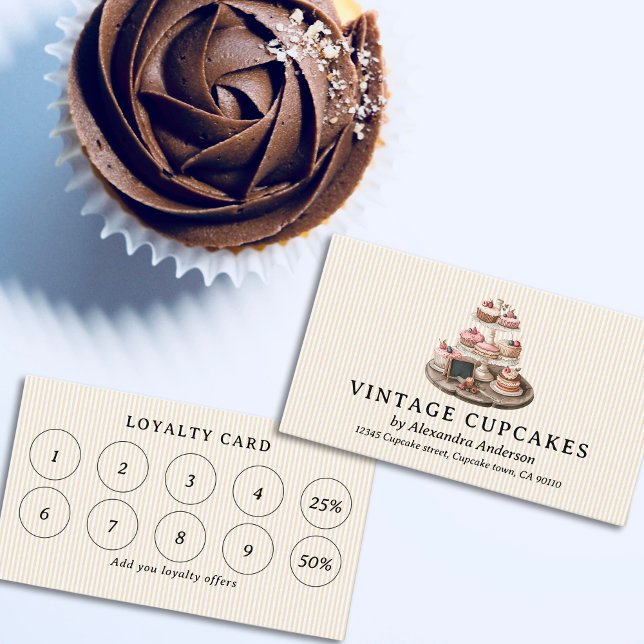 Tarjeta De Fidelización Pasteles en bandeja de cosecha (Vintage Trayed Cupcakes Loyalty Card)