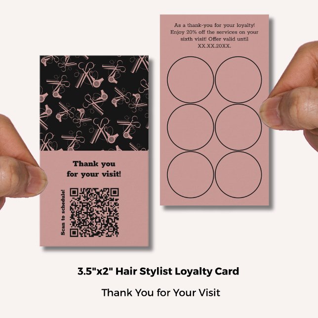 Tarjeta De Fidelización Patrón de herramientas de cabello rosado y negro Q (Salon Pink & Black Hair Tools Pattern QR Thank You Loyalty Card; Standard Size: 3.5x2 Inch)