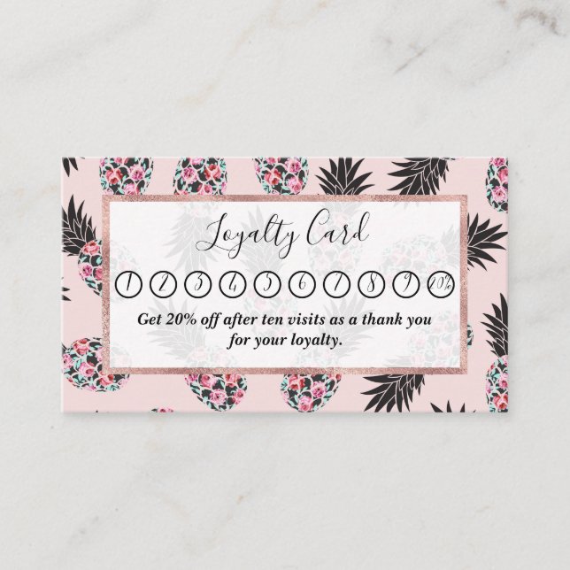 Tarjeta De Fidelización Patrón de piña negra rosa rosa floral giratorio (Anverso)