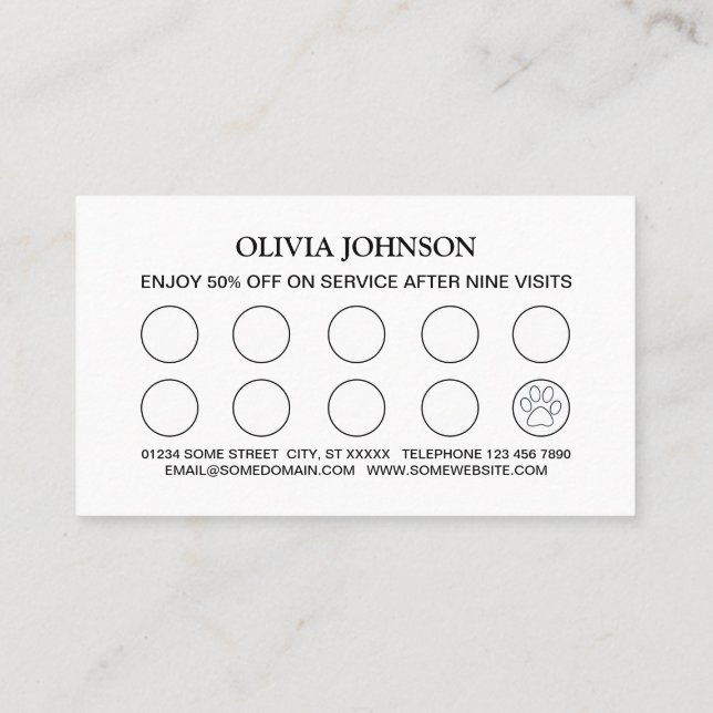Tarjeta De Fidelización Paw de perro blanco en el servicio de Grooming de  (Reverso)