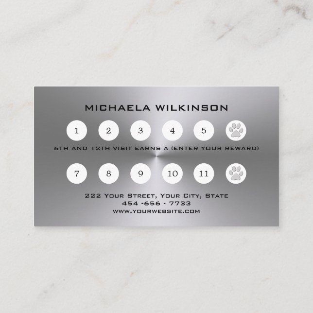 Tarjeta De Fidelización Paw de perro plateado sobre el servicio de crecimi (Reverso)