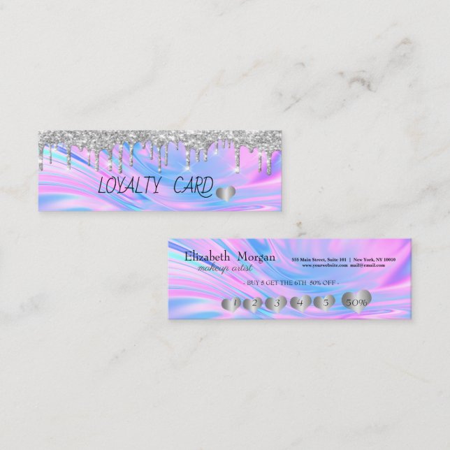 Tarjeta De Fidelización Perforaciones de Purpurina Guay Silver, Corazones, (Anverso / Reverso)