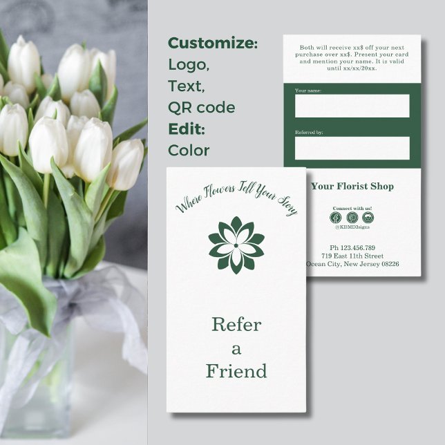 Tarjeta De Fidelización 🌸 Personalizado florista blanco y verde le da una (🌸Custom White & Green Florist Refer a Friend Card, Tagline, Custom Logo, Conditions, Social Icons)
