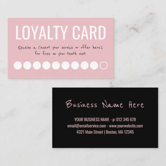 Tarjeta De Fidelización Pink Black White Ten Visita Lealty Punch Card (Anverso / Reverso)