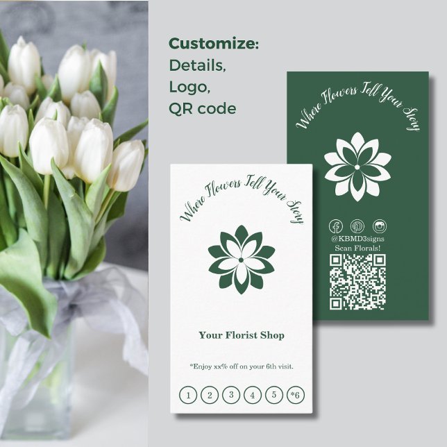 Tarjeta De Fidelización Plano florista blanco y verde personalizable (Customizable Green & White Florist Flat Loyalty Card, 6 Visits Reward, Where Flowers Tell Your Story)