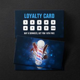 Tarjeta De Fidelización Poste de Barbería Bokeh Azul Peluquería Tijeras de