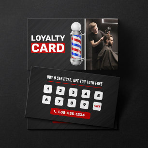 Tarjeta De Fidelización Poste de Barbería Moderno Negro y Rojo para Estili