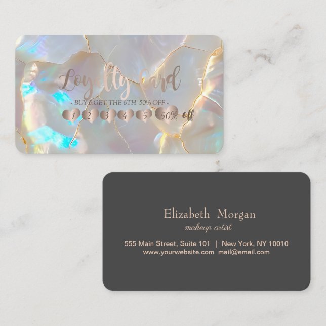 Tarjeta De Fidelización Professional Elegant Rose Gold Hearts Opal Stone (Anverso / Reverso)