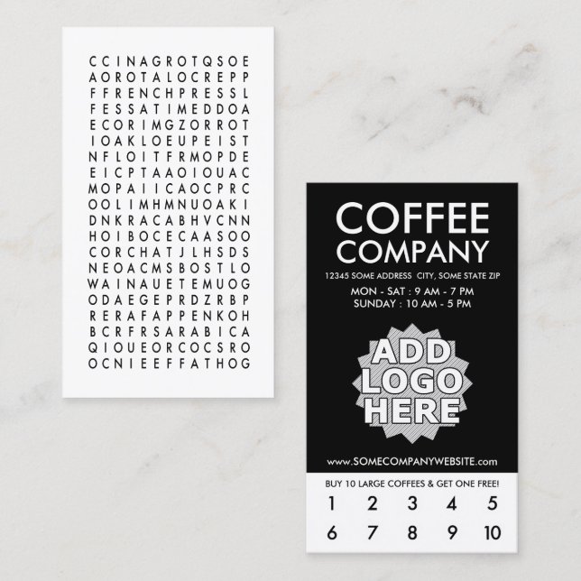Tarjeta De Fidelización punteo de lealtad de búsqueda de palabras de café (Anverso / Reverso)
