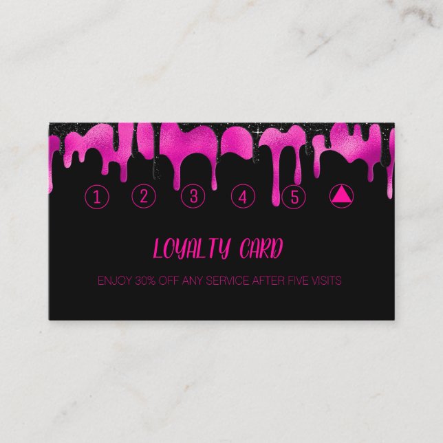 Tarjeta De Fidelización Purpurina de goteo elegante rosado negro y calient (Anverso)