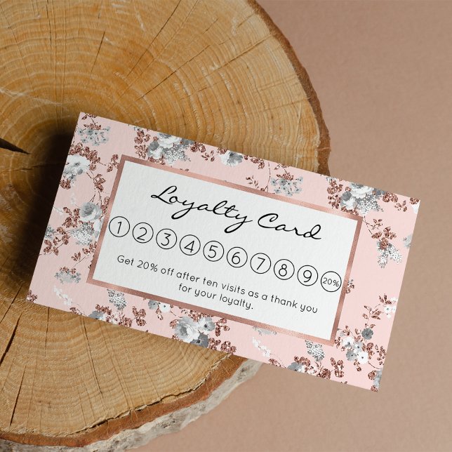 Tarjeta De Fidelización Purpurina dorado rosa rosa rosa rosa rosa blanco m (Modern blush pink white rose gold glitter floral loyalty card )
