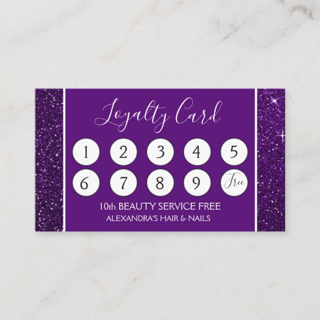 Tarjeta De Fidelización Purpurina morado y puntito de lealtad de esparkle  (Anverso)