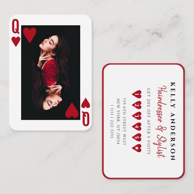 Tarjeta De Fidelización Queen of Hearts Red Photo Business Hairdresser (Anverso / Reverso)