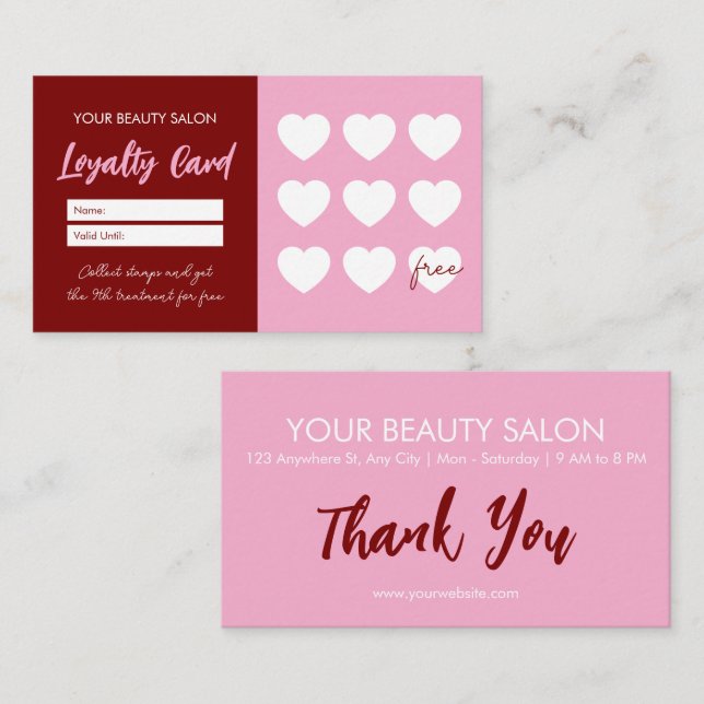 Tarjeta De Fidelización Red Pink Beauty Salon Loyalty ThankYou Reward Card (Anverso / Reverso)