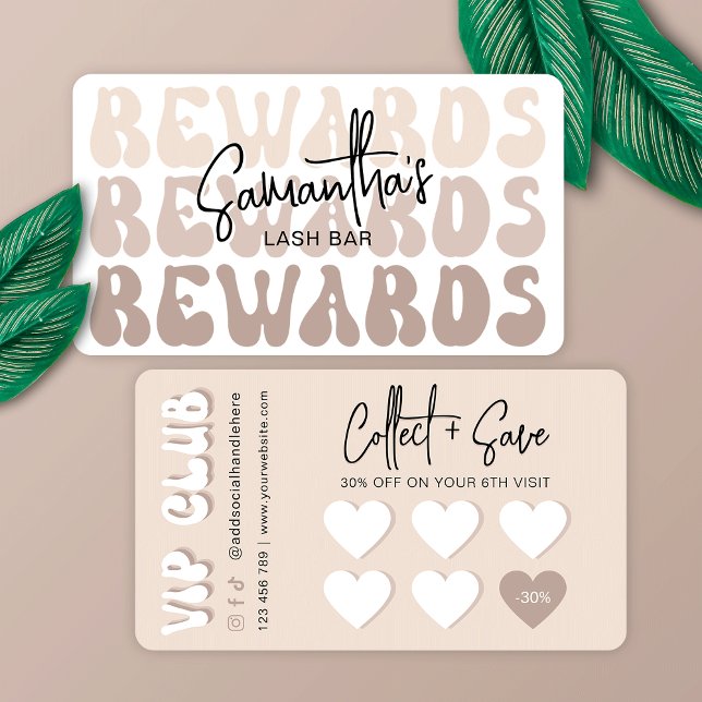 Tarjeta De Fidelización Retro Beige Cream Moderno Eyelash Belleza Nails Sp (Stand out with this trendy rewards card design featuring retro fonts and a modern beige design )