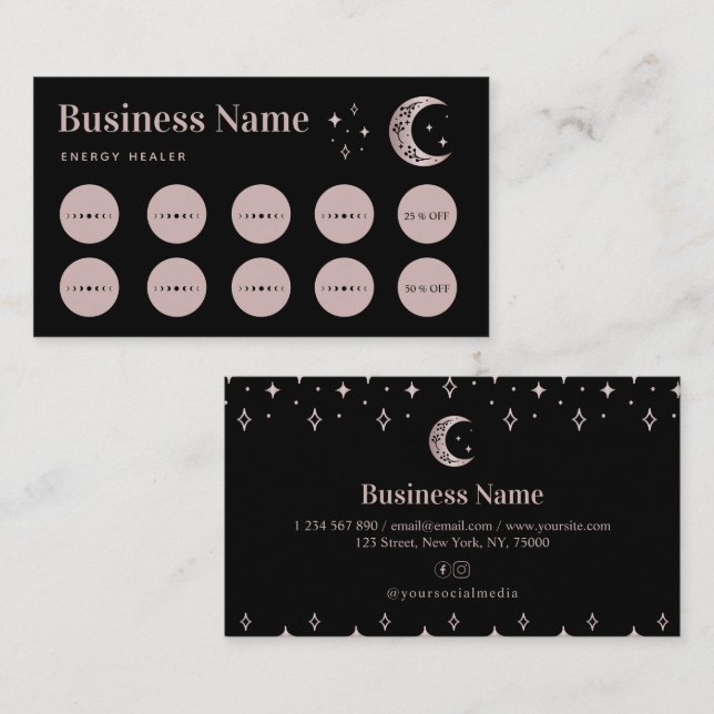 Tarjeta De Fidelización Rose Gold Moon Star Energy Healer Loyalty Card (Anverso / Reverso)