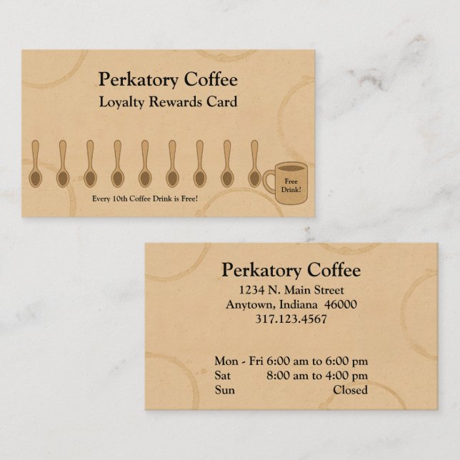 Tarjeta De Fidelización Rustic Coffee Shop Lealty Card Spoons & Freebie (Anverso / Reverso)