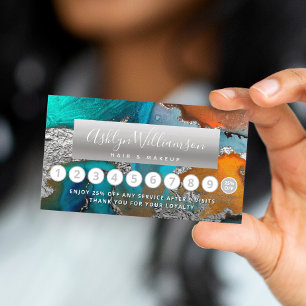 Tarjeta De Fidelización Salón de belleza acuático de mármol azul plateado