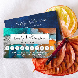Tarjeta De Fidelización Salón de belleza acuático de mármol azul plateado