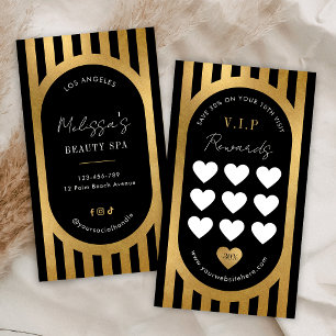 Tarjeta De Fidelización Salón de cejas y pestañas con rayas negras y dorad