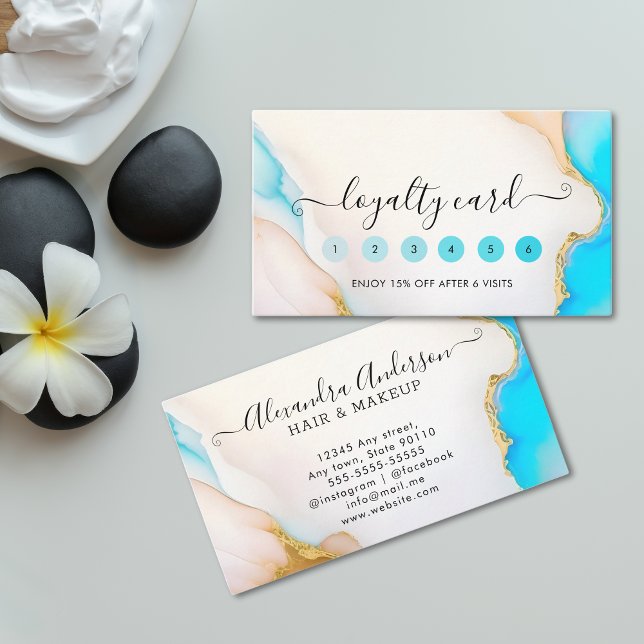 Tarjeta De Fidelización Salón Holográfico de Lujo y Mármol de Oro (Luxury Aqua and Gold Marble Holographic Salon Loyalty Card)