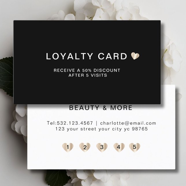 Tarjeta De Fidelización Sencillo Corazón Elegante 5 Visita (Personalized, Simple Elegant Heart 5 Visit Loyalty Card, Black + Gold.)