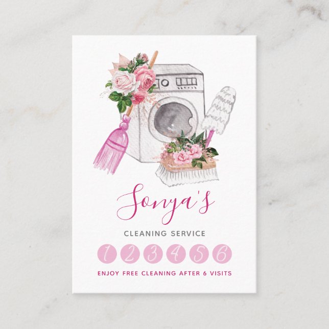 Tarjeta De Fidelización Servicio de limpieza acuarela rosa (Anverso)