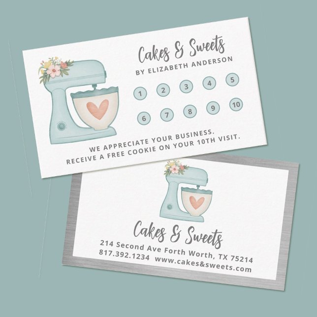 Tarjeta De Fidelización Simple Blue Mixer Floral Cake Bakery Business (A pretty blue kitchen mixer decorates this business loyalty card, Perfect for a bakery!)